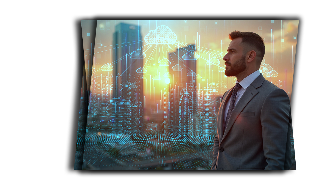 A man wearing formal suit by the window with a view of skyscraper
